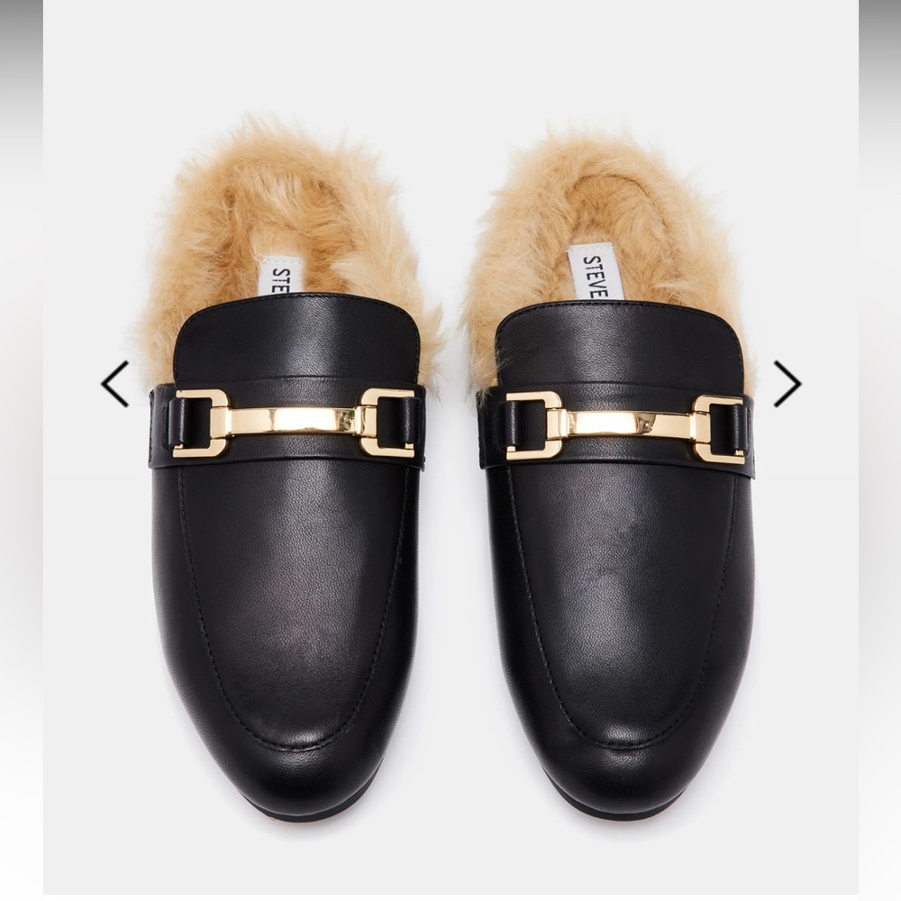 Steve Madden Black Mules with Gold Accent and Fur Lining